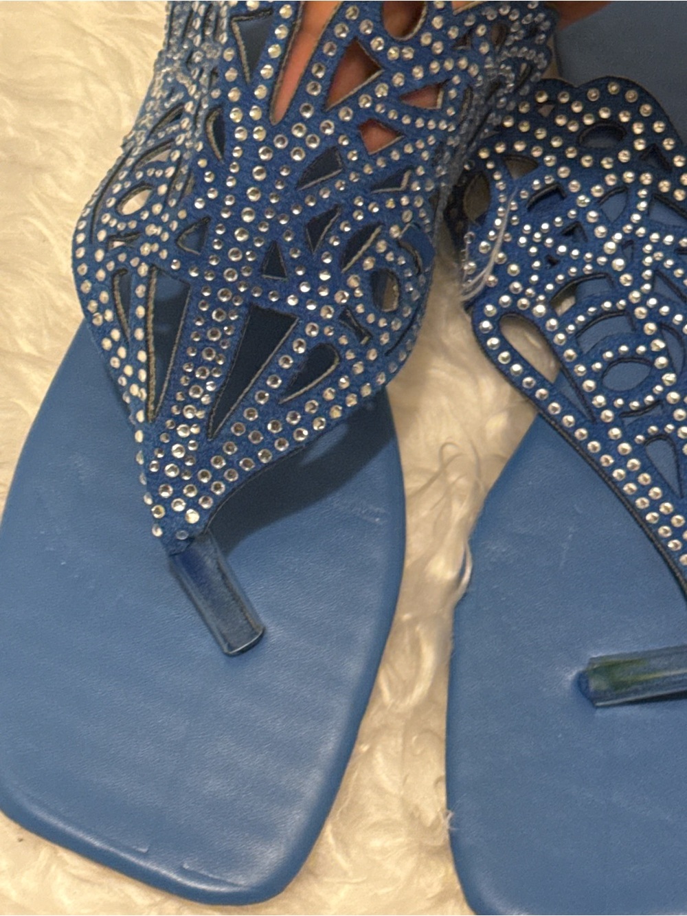 Women's Blue Rhinestone Cutout Toe-Post Sandals - Picture 4 of 5
